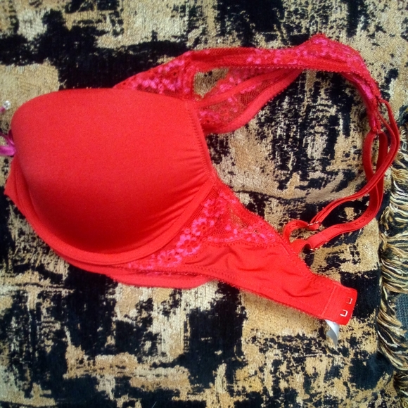 Victorias Secret Lined Demi Bra 32D Red Lace trim - Picture 4 of 5